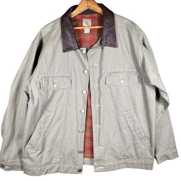 Sun and Moon Other - Vintage Marlboro Work Jacket Mens L Khaki Tan Leather Collar Plaid Lined Chore